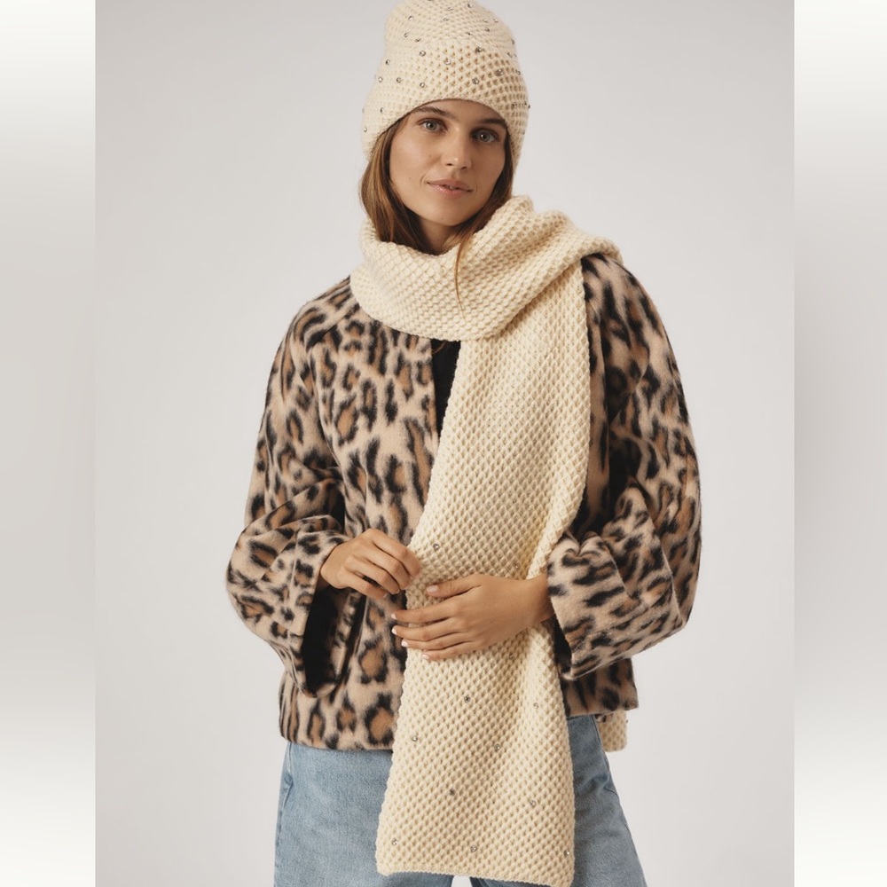 Maeve Rhinestone Waffle Knit Beanie and Scarf Set